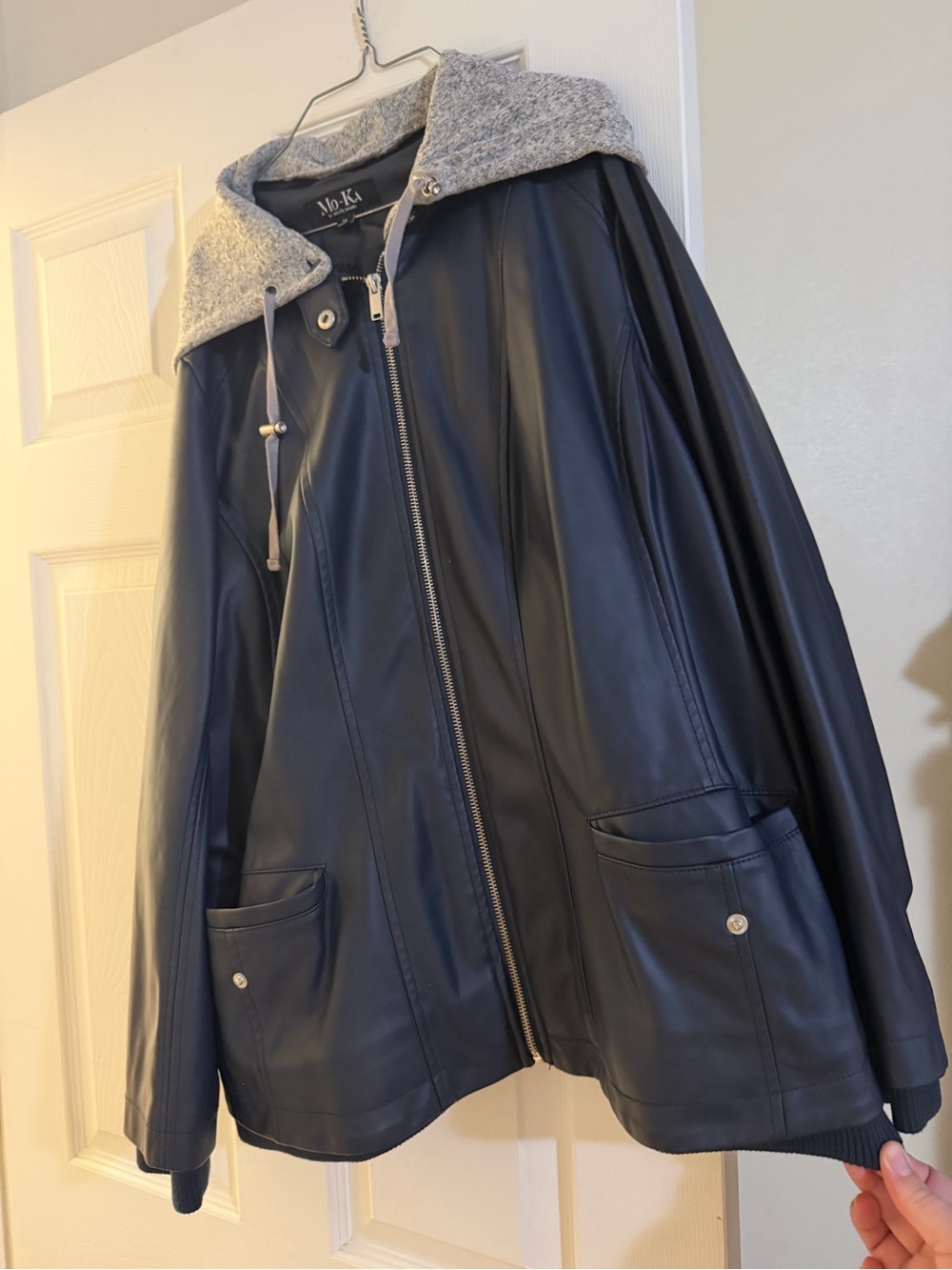 NoKa Black Faux Leather Jacket with Gray Knit Hood